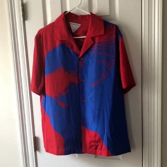 Bottega Veneta Mushroom Print Button Down Short Sleeve Shirt in Blue/Red Size 46 - Picture 10 of 16